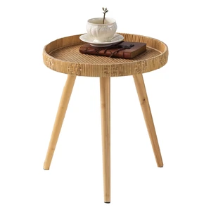 Round Side Table, Boho Circle End Table Coffee Table with Solid Wood Leg, Rattan Side Tables Living Room for Small Spaces, Bedroom, Corners Round Side Table, Boho Circle End Table Coffee Table with Solid Wood Leg, Rattan Side Tables Living Room for Small Spaces, Bedroom, Corners