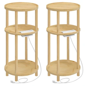 Set of 2 Small Round Side Tables with Charging Station, 3-Tier Round Bamboo End Tables, Easy Assembly, for Living Room, Bedroom, Apartment, Natural YL152UBZP201 Set of 2 Small Round Side Tables with Charging Station, 3-Tier Round Bamboo End Tables, Easy Assembly, for Living Room, Bedroom, Apartment, Natural YL152UBZP201