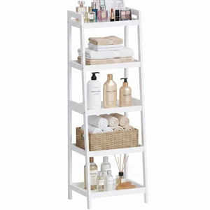 Bamboo Ladder Bookcase, Bathroom Storage Rack Organizer, 4 Tier and 5 Tier Freestanding Plant Display Stand Space Saver Shelves for Bedroom, Kitchen, Balcony (White, 5 Tiers (50" H)) Bamboo Ladder Bookcase, Bathroom Storage Rack Organizer, 4 Tier and 5 Tier Freestanding Plant Display Stand Space Saver Shelves for Bedroom, Kitchen, Balcony (White, 5 Tiers (50" H))