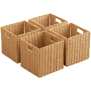 Foldable Storage Baskets with Handles Paper Rope Storage Baskets Rectangle Collapsible Hand Woven Storage Cubes Bins for Organizing Shelves Living Room Bedroom Pantry (4, 11'' x 11'' x 11'') Foldable Storage Baskets with Handles Paper Rope Storage Baskets Rectangle Collapsible Hand Woven Storage Cubes Bins for Organizing Shelves Living Room Bedroom Pantry (4, 11'' x 11'' x 11'')