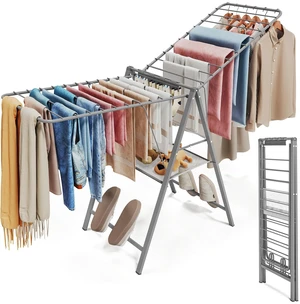 Clothes Drying Rack, 67.3" L Height Adjustable, Foldable, Grey | 1.5"Folded, No Assembly, Space-Saving, Spacious Design, Adjustable Wings, Clips, Mesh Shelf, Shoe Rack, Indoor & Outdoor Use Clothes Drying Rack, 67.3" L Height Adjustable, Foldable, Grey | 1.5"Folded, No Assembly, Space-Saving, Spacious Design, Adjustable Wings, Clips, Mesh Shelf, Shoe Rack, Indoor & Outdoor Use