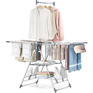Clothes Drying Rack with High Hanger, 3-Level Drying Racks | Foldable Laundry Stand with Adjustable Wings,Shoe Rack, Crossbar, Wings Grey Clothes Drying Rack with High Hanger, 3-Level Drying Racks | Foldable Laundry Stand with Adjustable Wings,Shoe Rack, Crossbar, Wings Grey