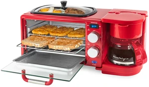 3-in-1 Retro Breakfast Station - Includes 5 (4 Oz) Cup Coffee Maker, Non-Stick Ceramic Griddle, and 4-Slice Toaster Oven - Built-In Timer, Reusable Coffee Filter, Space-Saving Design - Red 3-in-1 Retro Breakfast Station - Includes 5 (4 Oz) Cup Coffee Maker, Non-Stick Ceramic Griddle, and 4-Slice Toaster Oven - Built-In Timer, Reusable Coffee Filter, Space-Saving Design - Red