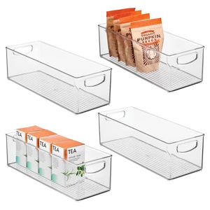 Plastic Stackable Pantry Bin with Handles, Set of 4, Clear | For Kitchen Cabinets or Fridge, Made in USA Plastic Stackable Pantry Bin with Handles, Set of 4, Clear | For Kitchen Cabinets or Fridge, Made in USA