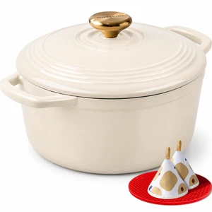 Enameled Cast Iron Dutch Oven - 5.5QT Pot with Lid Cookbook & Cotton Potholders - Heavy-Duty Cookware for Braising, Stews, Roasting, Sourdough Baking White Enameled Cast Iron Dutch Oven - 5.5QT Pot with Lid Cookbook & Cotton Potholders - Heavy-Duty Cookware for Braising, Stews, Roasting, Sourdough Baking White