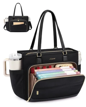 Teacher Tote Bag, 17.3 Inch Laptop Bag with Accordion File Organizer & Large Cup Holder, Professional Waterproof Black Nurse Work Tote Bag for Office & Business Teacher Tote Bag, 17.3 Inch Laptop Bag with Accordion File Organizer & Large Cup Holder, Professional Waterproof Black Nurse Work Tote Bag for Office & Business
