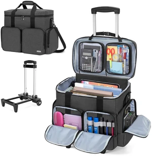 Rolling Teacher Tote Bag with 2 Detachable Pouches for Work, Black | Wheeled Teacher Uility Bag with 15.6" Padded Laptop Sleeve, Large Briefcase with Detachable Trolley for Women Rolling Teacher Tote Bag with 2 Detachable Pouches for Work, Black | Wheeled Teacher Uility Bag with 15.6" Padded Laptop Sleeve, Large Briefcase with Detachable Trolley for Women