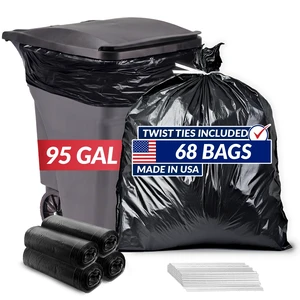 95 Gallon Trash Bags Heavy Duty | 68 Trash Bags, Twist Ties | Black, Serious Garbage Cleanup | Large Garbage Bags with Twist Ties, Made in USA | SuperValue 95 Gallon Trash Bags Heavy Duty | 68 Trash Bags, Twist Ties | Black, Serious Garbage Cleanup | Large Garbage Bags with Twist Ties, Made in USA | SuperValue