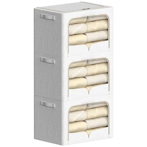 3 Pack Clothes Storage Bins - Foldable Metal Frame Storage Box - Stackable Linen Fabric Container Organizer Set with Carrying Handles and Clear Window (Cream White, 19.7x15.7x13inch(66L)) 3 Pack Clothes Storage Bins - Foldable Metal Frame Storage Box - Stackable Linen Fabric Container Organizer Set with Carrying Handles and Clear Window (Cream White, 19.7x15.7x13inch(66L))