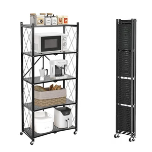 5 Tier Folding Shelf with Wheels,Metal Steel Collapsible Shelves | No Assembly Portable Shelves Organizer Rack,Rolling Standing Utility Rack for Kitchen, Pantry, Office, Black 5 Tier Folding Shelf with Wheels,Metal Steel Collapsible Shelves | No Assembly Portable Shelves Organizer Rack,Rolling Standing Utility Rack for Kitchen, Pantry, Office, Black