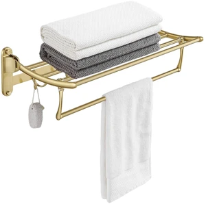 Towel Racks with Foldable Towel Bar Hooks, Wall Mounted Brushed Gold | 24 Inch Bathroom Towel Shelf Holder, Multifunctional Storage Bathroom Accessories, Double Towel Bars, Rust-resistant Metal Towel Racks with Foldable Towel Bar Hooks, Wall Mounted Brushed Gold | 24 Inch Bathroom Towel Shelf Holder, Multifunctional Storage Bathroom Accessories, Double Towel Bars, Rust-resistant Metal