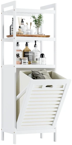 Bamboo Tilt Out Hamper, 10 Gal Bathroom Laundry Cabinet with Hidden Foldable Basket, Freestanding Clothes Storage Organizer with Storage Shelf, White Bamboo Tilt Out Hamper, 10 Gal Bathroom Laundry Cabinet with Hidden Foldable Basket, Freestanding Clothes Storage Organizer with Storage Shelf, White