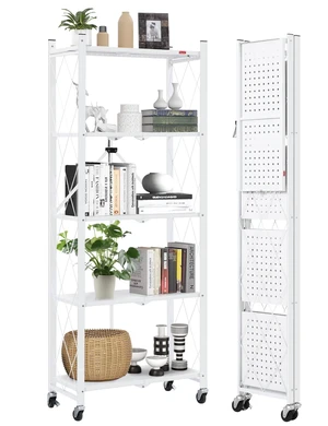 5-Shelf Folding Bookcase with Wheels, Rolling Bookshelf Heavy Duty Storage Shelves, Freestanding Metal Wire Shelving Unit for Living Room, Office, Kitchen, Basement, Pantry (White) 5-Shelf Folding Bookcase with Wheels, Rolling Bookshelf Heavy Duty Storage Shelves, Freestanding Metal Wire Shelving Unit for Living Room, Office, Kitchen, Basement, Pantry (White)
