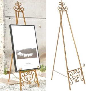 Gold Easel Stand for Sign, Heavy Duty Adjustable Metal Display Easel | Durable Metal, Scroll Design, Holds Heavy Items, 3 Height Adjustments, Chain Support, Folds Flat for Storage, No Assembly Gold Easel Stand for Sign, Heavy Duty Adjustable Metal Display Easel | Durable Metal, Scroll Design, Holds Heavy Items, 3 Height Adjustments, Chain Support, Folds Flat for Storage, No Assembly