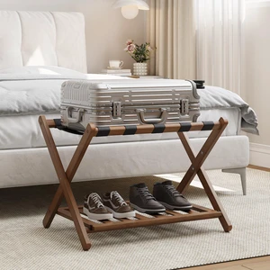 26.77 Fully Assembled Dark Walnut Luggage Racks with Folable Storage Shelf, 5 Heavy-Duty Straps Bamboo Suitcase Stand, Luggage Holders for Guest Room, Bedroom, Hotel 26.77 Fully Assembled Dark Walnut Luggage Racks with Folable Storage Shelf, 5 Heavy-Duty Straps Bamboo Suitcase Stand, Luggage Holders for Guest Room, Bedroom, Hotel