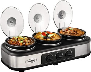 Slow Cooker, Triple Slow Cooker Buffet Server and Food Warmer, 3-Section 1.5-Quart Upgraded Oval Ceramic Pot with Stainless Steel Lid Rests, 3 Spoons, Total 4.5 QT Slow Cooker, Triple Slow Cooker Buffet Server and Food Warmer, 3-Section 1.5-Quart Upgraded Oval Ceramic Pot with Stainless Steel Lid Rests, 3 Spoons, Total 4.5 QT