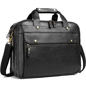 Leather Briefcases for Men 15.6 Inch Laptop Messenger Bag with Triple Compartments Water-Resistant Computer Shoulder Bag for Business, Travel, Work, Office, Black