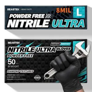 Nitrile Disposable Gloves, 8 Mil Powder Free Latex Free Chemical Resistant Heavy Duty Food Safe Diamond Gloves, Black 50 Pcs (Large) Nitrile Disposable Gloves, 8 Mil Powder Free Latex Free Chemical Resistant Heavy Duty Food Safe Diamond Gloves, Black 50 Pcs (Large)