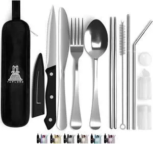 Portable Travel Silverware Set With Case, Includes 10 Pcs of Travel Utensils With Case, Stainless Steel Flatware Set For Camping, Lightweight (Silver) Portable Travel Silverware Set With Case, Includes 10 Pcs of Travel Utensils With Case, Stainless Steel Flatware Set For Camping, Lightweight (Silver)