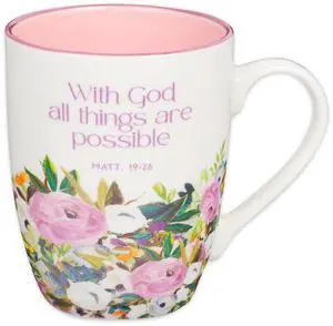 Inspirational Ceramic Coffee & Tea Scripture Mug for Women: All Things are Possible Encouraging Bible Verse, Cute Microwave & Dishwasher Safe Drinkware, White & Pink Floral, 12 oz. Inspirational Ceramic Coffee & Tea Scripture Mug for Women: All Things are Possible Encouraging Bible Verse, Cute Microwave & Dishwasher Safe Drinkware, White & Pink Floral, 12 oz.