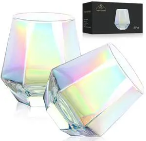 Wine Glasses Set of 2, Diamond Stemless Wine Glasses - Iridescent Glassware Wine Glasses Set of 2, Diamond Stemless Wine Glasses - Iridescent Glassware