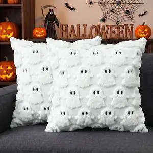 Halloween Ghost White Throw Pillow Cover Set of 2, 18 x 18 Inch Soft Plush Faux Fur Jacquard Spooky Cushion Case Decoration for Sofa Couch Halloween Ghost White Throw Pillow Cover Set of 2, 18 x 18 Inch Soft Plush Faux Fur Jacquard Spooky Cushion Case Decoration for Sofa Couch