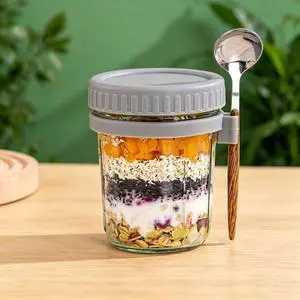Overnight Oat Jar With Spoon And Lid, 12 Ounces, Sealed Oat Container With Measurement Mark, For Ready To Eat Cereal Container Overnight Oat Jar With Spoon And Lid, 12 Ounces, Sealed Oat Container With Measurement Mark, For Ready To Eat Cereal Container