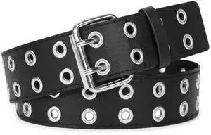 Double Grommet Belt PU Leather Punk Belt for Women Men Jeans 2 Hole Belts 1.5 Wide Double Grommet Belt PU Leather Punk Belt for Women Men Jeans 2 Hole Belts 1.5 Wide