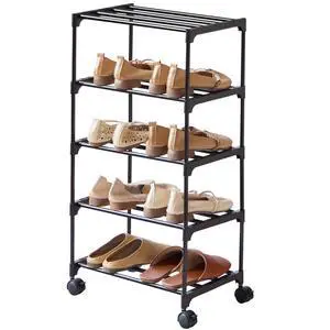 5-Tier Small Shoe Rack with Wheels, Slide-Out Metal Shoe Racks Storage, Anti-Rust Coating, Stackable Design - 16.9W for Entryway, Kitchen, Living Room & Office - Black 5-Tier Small Shoe Rack with Wheels, Slide-Out Metal Shoe Racks Storage, Anti-Rust Coating, Stackable Design - 16.9W for Entryway, Kitchen, Living Room & Office - Black