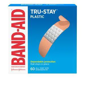 Brand Tru-Stay Plastic Adhesive Bandages, All One Size, 60 Count | Dependable Protection, Sterile Wound Care for Minor Cuts, Scrapes & Burns, First Aid Kit Essential, Quilted Comfort Pad Brand Tru-Stay Plastic Adhesive Bandages, All One Size, 60 Count | Dependable Protection, Sterile Wound Care for Minor Cuts, Scrapes & Burns, First Aid Kit Essential, Quilted Comfort Pad