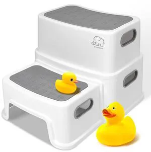 Toddler Step Stool for Bathroom Sink, 2 Step Stool for Kids Toilet Potty Training, Non-Slip Toddlers Baby Child Kid Plastic Poop Stools with Handle for Kitchen Counter Bed (White-Grey) Toddler Step Stool for Bathroom Sink, 2 Step Stool for Kids Toilet Potty Training, Non-Slip Toddlers Baby Child Kid Plastic Poop Stools with Handle for Kitchen Counter Bed (White-Grey)