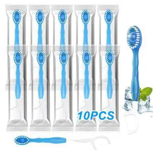 10 Pack 5-in-1 Disposable Toothbrushes with Toothpaste, Mint Flavor | Built-in Floss, Toothpick & Tongue Scraper, Individually Wrapped Mini Toothbrush Set for Travel, Camping & Daily Work Use 10 Pack 5-in-1 Disposable Toothbrushes with Toothpaste, Mint Flavor | Built-in Floss, Toothpick & Tongue Scraper, Individually Wrapped Mini Toothbrush Set for Travel, Camping & Daily Work Use