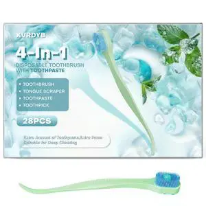Travel Size Disposable Toothbrush, Pre-pasted with Toothpaste (Mint Flavor) | Soft Bristle Mini Toothbrushes for Adults, Built-in Tongue Scraper and Toothpick | Travel & Camping Essentials | 28 Count Travel Size Disposable Toothbrush, Pre-pasted with Toothpaste (Mint Flavor) | Soft Bristle Mini Toothbrushes for Adults, Built-in Tongue Scraper and Toothpick | Travel & Camping Essentials | 28 Count