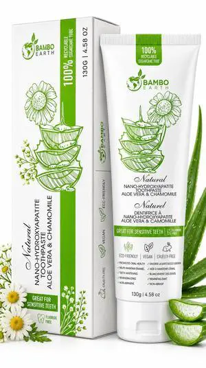 Natural Fluoride Free Toothpaste - Nano Hydroxyapatite, Remineralizing, Sensitive Teeth, Whitening & Zero Waste Tube - Dentist Recommended for Adult & Kids Oral Aloe Vera & Chamomile (Single, Aloe) Natural Fluoride Free Toothpaste - Nano Hydroxyapatite, Remineralizing, Sensitive Teeth, Whitening & Zero Waste Tube - Dentist Recommended for Adult & Kids Oral Aloe Vera & Chamomile (Single, Aloe)