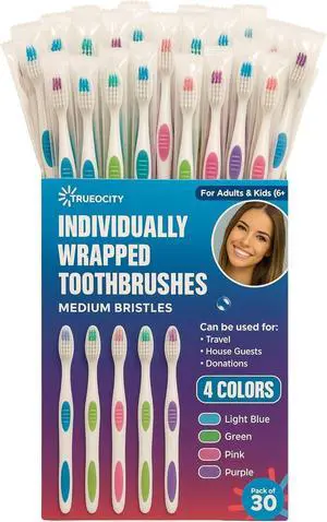 30 Pack Individually Wrapped Toothbrushes - Medium Bristle, Multi-Colored and Perfect for Adults and Kids, Travel Pack, Disposable Toothbrushes for Bulk Use, Oral Care Supplies 30 Pack Individually Wrapped Toothbrushes - Medium Bristle, Multi-Colored and Perfect for Adults and Kids, Travel Pack, Disposable Toothbrushes for Bulk Use, Oral Care Supplies