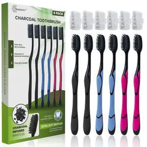 Charcoal Toothbrush 6 Pack, Natural Teeth Whitening Solution - Ultra Soft Tooth Brush - Gentle, Slim Brush Head - Black Toothbrushes for Adults Working Great with Activated Charcoal Toothpaste Charcoal Toothbrush 6 Pack, Natural Teeth Whitening Solution - Ultra Soft Tooth Brush - Gentle, Slim Brush Head - Black Toothbrushes for Adults Working Great with Activated Charcoal Toothpaste