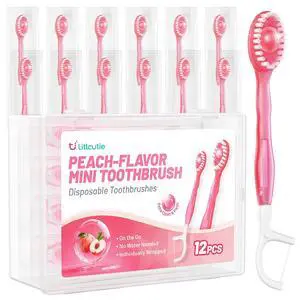 12 Pack 5 in 1 Disposable Mini Toothbrush Travel Set Peach Flavor | Individually Wrapped, Built-in Toothpaste, Floss, Tooth Pick, Tongue Scraper, Portable for Kids Adults 12 Pack 5 in 1 Disposable Mini Toothbrush Travel Set Peach Flavor | Individually Wrapped, Built-in Toothpaste, Floss, Tooth Pick, Tongue Scraper, Portable for Kids Adults