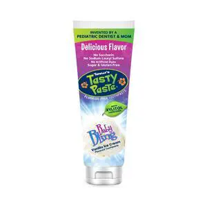 Baby Bling Fluoride Free Toothpaste, Vanilla Flavor | Pediatric dentist created fluoride free baby toothpaste, safe if swallowed, in vanilla ice cream flavor Baby Bling Fluoride Free Toothpaste, Vanilla Flavor | Pediatric dentist created fluoride free baby toothpaste, safe if swallowed, in vanilla ice cream flavor