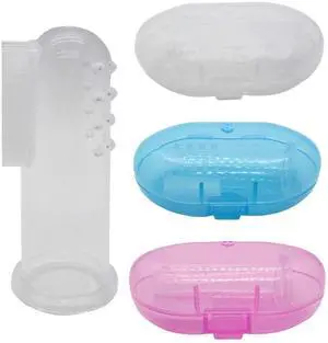Baby Finger Toothbrush Set - Silicone Toddler Toothbrush with 3 Cases in Blue, Pink & Clear - Newborn Oral Massager Baby Finger Toothbrush Set - Silicone Toddler Toothbrush with 3 Cases in Blue, Pink & Clear - Newborn Oral Massager