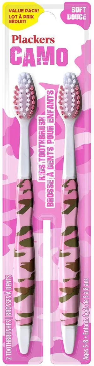 Kids Soft Toothbrush, Pink Camo, Ages 5-8, 2 Count | Soft bristles, Gentle on small teeth, For optimal brushing by kids Kids Soft Toothbrush, Pink Camo, Ages 5-8, 2 Count | Soft bristles, Gentle on small teeth, For optimal brushing by kids