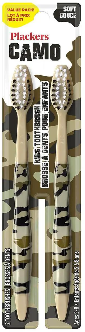 Kids Soft Toothbrush, Green Camo, Ages 5-8, 2 Count | Soft bristles, Gentle on small teeth, For optimal brushing by kids Kids Soft Toothbrush, Green Camo, Ages 5-8, 2 Count | Soft bristles, Gentle on small teeth, For optimal brushing by kids