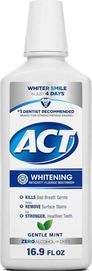 Whitening Anticavity Fluoride Mouthwash, Gentle Mint, 16.9 fl. oz. | Zero alcohol mouthwash, prevents cavities and freshens breath, sodium fluoride 0.02% 500 mL, whiter smile in just four days Whitening Anticavity Fluoride Mouthwash, Gentle Mint, 16.9 fl. oz. | Zero alcohol mouthwash, prevents cavities and freshens breath, sodium fluoride 0.02% 500 mL, whiter smile in just four days