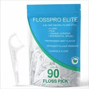 FlossPro Elite 90 Count Dental Floss Picks, 4-in-1 Floss Pick with Toothpick, Tongue Scraper & Interdental Brush, Mint Flavored, Floss Pick FlossPro Elite 90 Count Dental Floss Picks, 4-in-1 Floss Pick with Toothpick, Tongue Scraper & Interdental Brush, Mint Flavored, Floss Pick