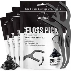 Dental Floss Picks for Teeth (200ct) - Single Thread Tooth Picks Flossers for Adults, Toothpicks Floss, Vegan Corn-Straw Handle, Shred-Resistant String for Interdental Oral Care & Gum Health, Charcoal Dental Floss Picks for Teeth (200ct) - Single Thread Tooth Picks Flossers for Adults, Toothpicks Floss, Vegan Corn-Straw Handle, Shred-Resistant String for Interdental Oral Care & Gum Health, Charcoal