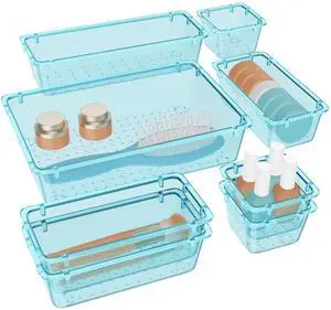 8 PCS Plastic Drawer Organizer Set, 4 Sizes Desk Drawer Organization and Storage Containers for Makeup, Cosmetics, Jewelry and Gadgets in Kitchen, Bathroom, Bedroom, Office, Clear Sea Blue 8 PCS Plastic Drawer Organizer Set, 4 Sizes Desk Drawer Organization and Storage Containers for Makeup, Cosmetics, Jewelry and Gadgets in Kitchen, Bathroom, Bedroom, Office, Clear Sea Blue