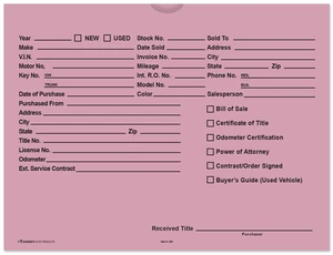 Printed Vehicle Deal Envelopes 9x12 Deal Jackets (100 shrink wrapped) (Pink) Printed Vehicle Deal Envelopes 9x12 Deal Jackets (100 shrink wrapped) (Pink)