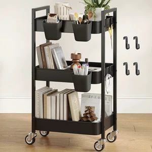 3 Tier Rolling Cart,Utility Cart with Locking Wheels, Hanging Cups & Hooks, Heavy Duty Metal Storage Organizer Cart for Kitchen,Office, Bathroom,Craft Room,Black 3 Tier Rolling Cart,Utility Cart with Locking Wheels, Hanging Cups & Hooks, Heavy Duty Metal Storage Organizer Cart for Kitchen,Office, Bathroom,Craft Room,Black