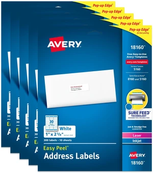 Easy Peel Printable Address Labels with Sure Feed, 1" x 2-5/8" Customizable Stickers, White, 300 Blank Mailing Labels per Pack, Great for Mailing, Shipping, and More (5-Pack of 18160) Easy Peel Printable Address Labels with Sure Feed, 1" x 2-5/8" Customizable Stickers, White, 300 Blank Mailing Labels per Pack, Great for Mailing, Shipping, and More (5-Pack of 18160)