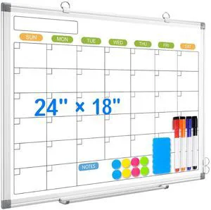 24" x 18" Magnetic Monthly Dry Erase Whiteboard Calendar for Wall Double-sided & Smooth Writing Calendar White Board Hanging Aluminum Frame, Home, School, Office 24" x 18" Magnetic Monthly Dry Erase Whiteboard Calendar for Wall Double-sided & Smooth Writing Calendar White Board Hanging Aluminum Frame, Home, School, Office
