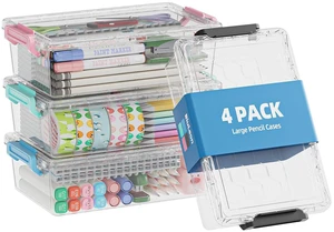 4 Pack Extra Large Pencil Box, Plastic Pencil Case Organizer, Clear Crayon Box Marker Organizer, Stackable Craft Organizers and Storage for Pen, Craft, Art Supply(Green/Blue/Pink/Black) 4 Pack Extra Large Pencil Box, Plastic Pencil Case Organizer, Clear Crayon Box Marker Organizer, Stackable Craft Organizers and Storage for Pen, Craft, Art Supply(Green/Blue/Pink/Black)